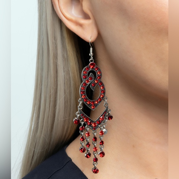Elegant Red and Silver Chandelier Earrings - Picture 2 of 2